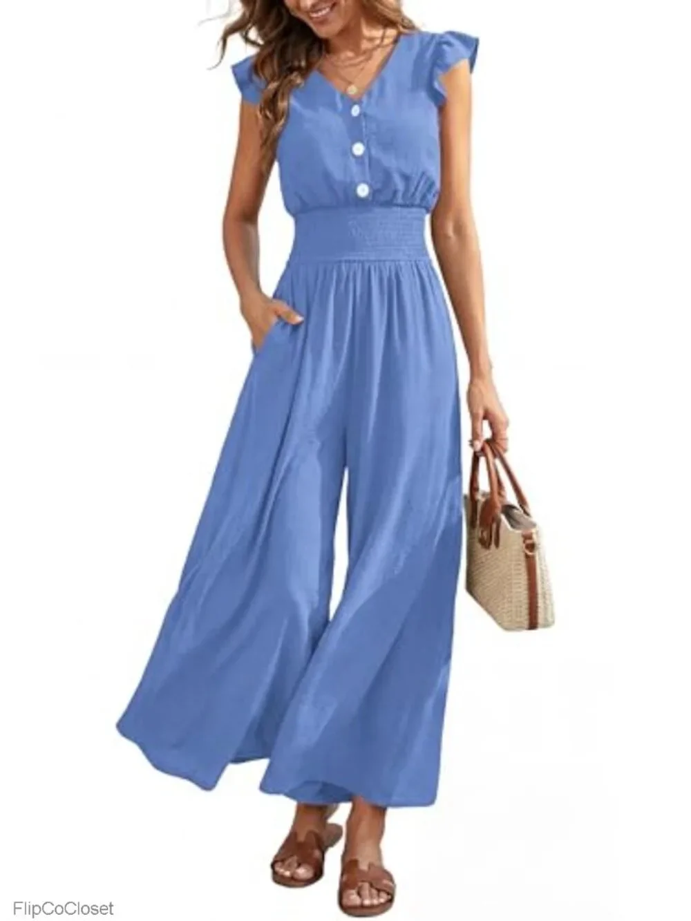 Womens Ruffle Cap Sleeve V Neck Button Smocked Wide Leg Jumpsuit Romper